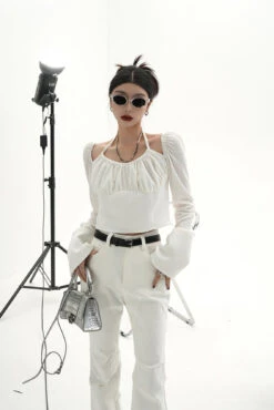 Sheer Long Sleeve Ruched Halter Blouse With Flared Cuffs