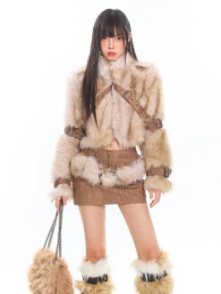 Faux Fur Trim Buckled Jacket And Mini Skirt With Belt Two Piece Set -Modern Wear Shop O1CN01ZfKDLG25KifFEf3g9 1979797508