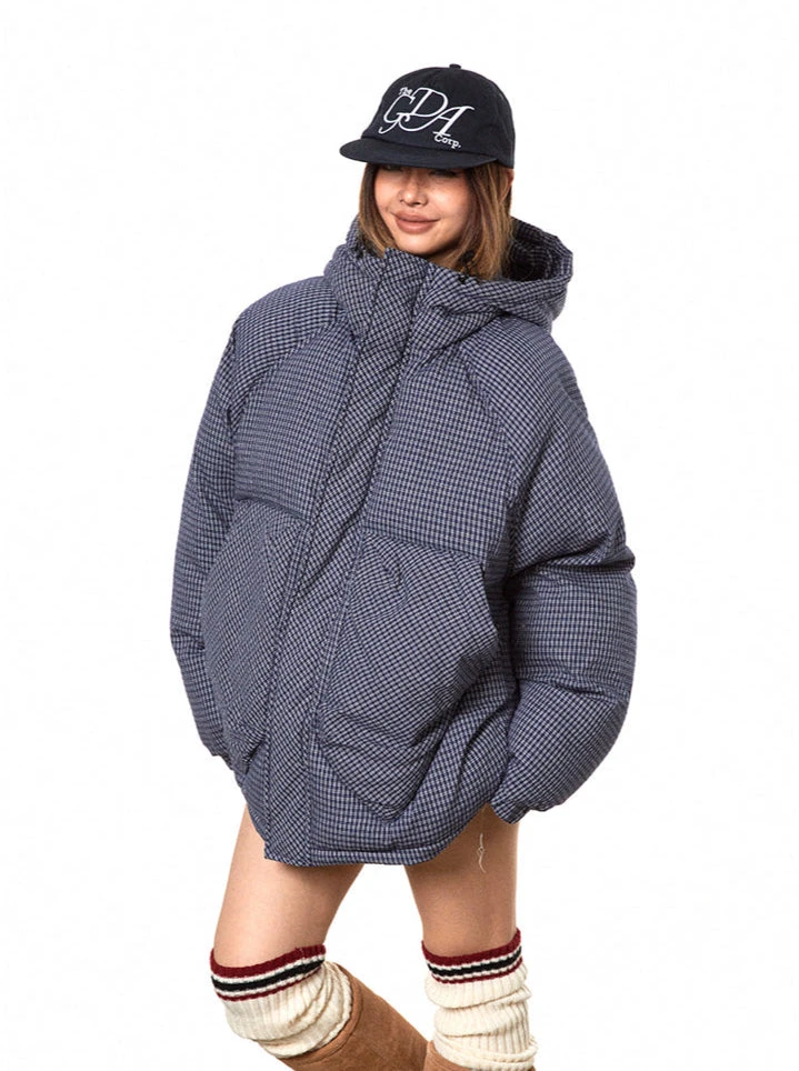 Oversized Plaid Puffer Hooded Jacket With Pockets 9 Oversized Plaid Puffer Hooded Jacket With Pockets - Image 9
