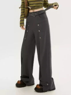 High-Waist Wide-Leg Pants With Button Split Design