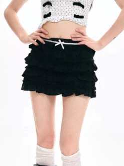Layered Ruffle Mini Skirt With Bow Detail