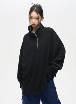 Semi High Neck Half Zip Oversized Knit Pullover