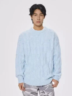 Ribbed Hem Cable Knit Crewneck Sweater