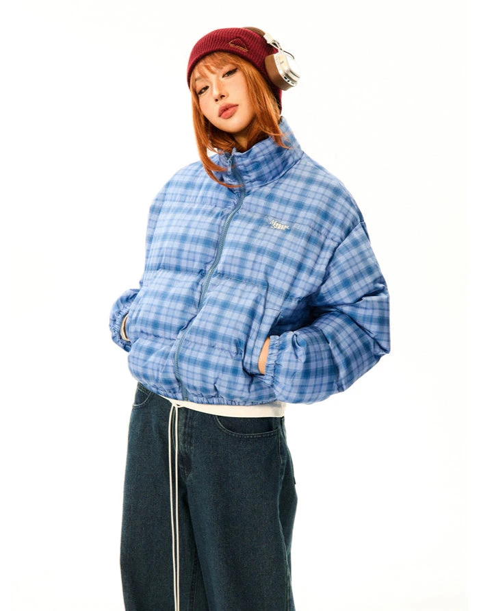 Plaid Quilted High Collar Mid Crop Puffer Jacket 3 Plaid Quilted High Collar Mid Crop Puffer Jacket - Image 3