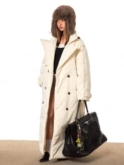 Double Breasted Puffer Long Line Coat With Belt