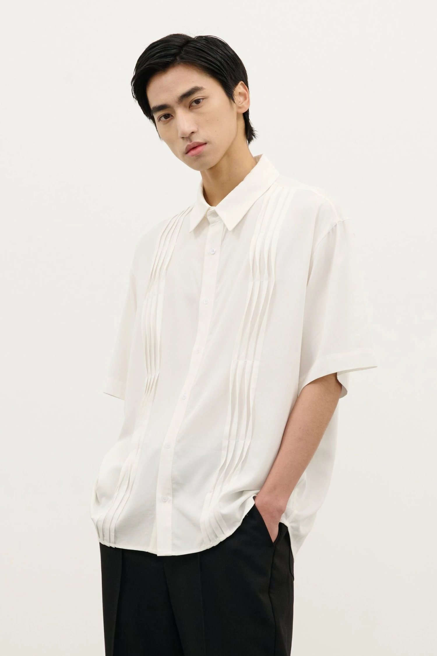 Pleated Wave-Panel Short Sleeve Button-Up Shirt 2 Pleated Wave-Panel Short Sleeve Button-Up Shirt - Image 2