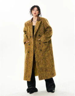 Fuzzy Double Breasted Longline Coat With Corduroy Collar
