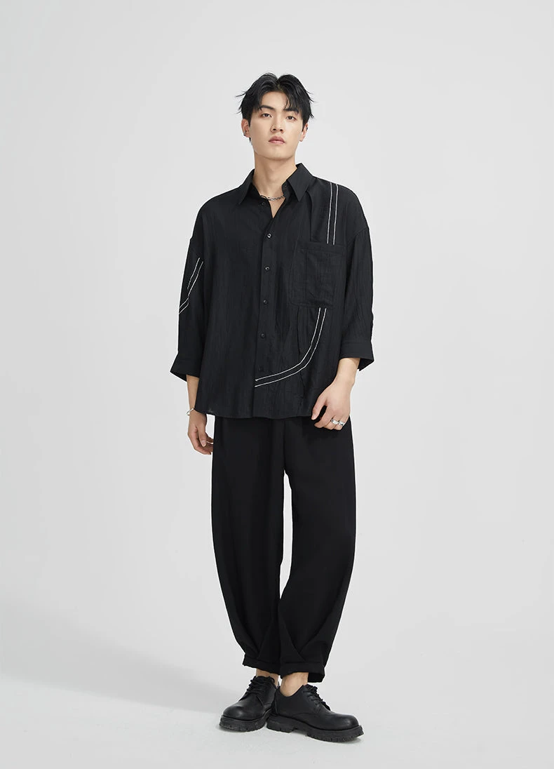 Oversized Contrast-Detail Button Shirt With Cropped Sleeves 4 Oversized Contrast-Detail Button Shirt With Cropped Sleeves - Image 4