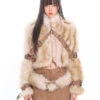 Faux Fur Trim Buckled Jacket And Mini Skirt With Belt Two Piece Set