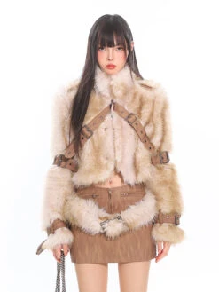 Faux Fur Trim Buckled Jacket And Mini Skirt With Belt Two Piece Set