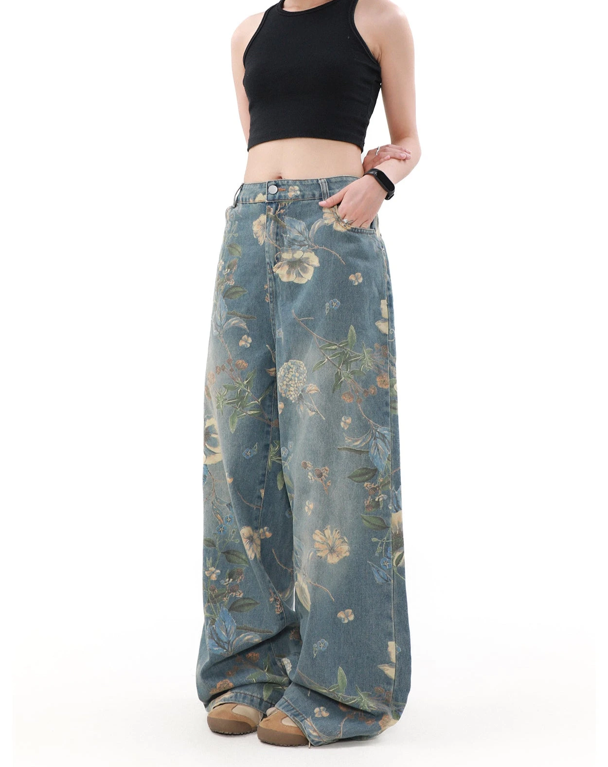 Wide Leg Floral Print Denim Pants 1 Wide Leg Floral Print Denim Pants