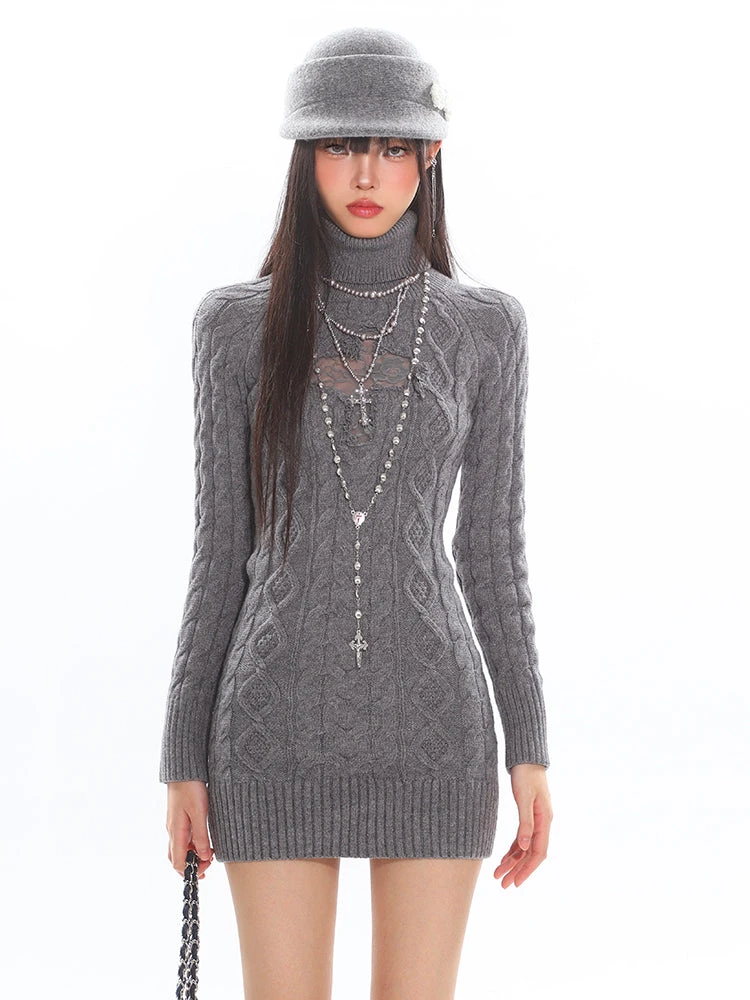 Cable Knit Turtleneck Dress With Cross Mesh Lace Detail 5 Cable Knit Turtleneck Dress With Cross Mesh Lace Detail - Image 5
