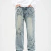 Star Patchwork Faded Straight Fit Jeans