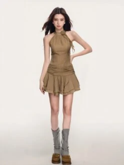 Halter Neck Textured Mini Dress With Rosette Detail -Modern Wear Shop O1CN01fvelik1U7JKWmY2JZ 2215632572470