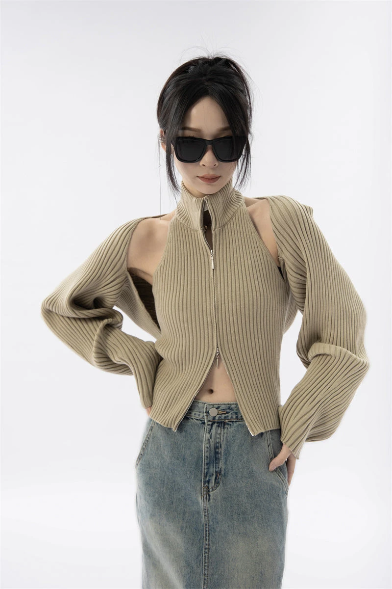 Double Zip High Neck Knit Vest And Shrug Top 6 Double Zip High Neck Knit Vest And Shrug Top - Image 6