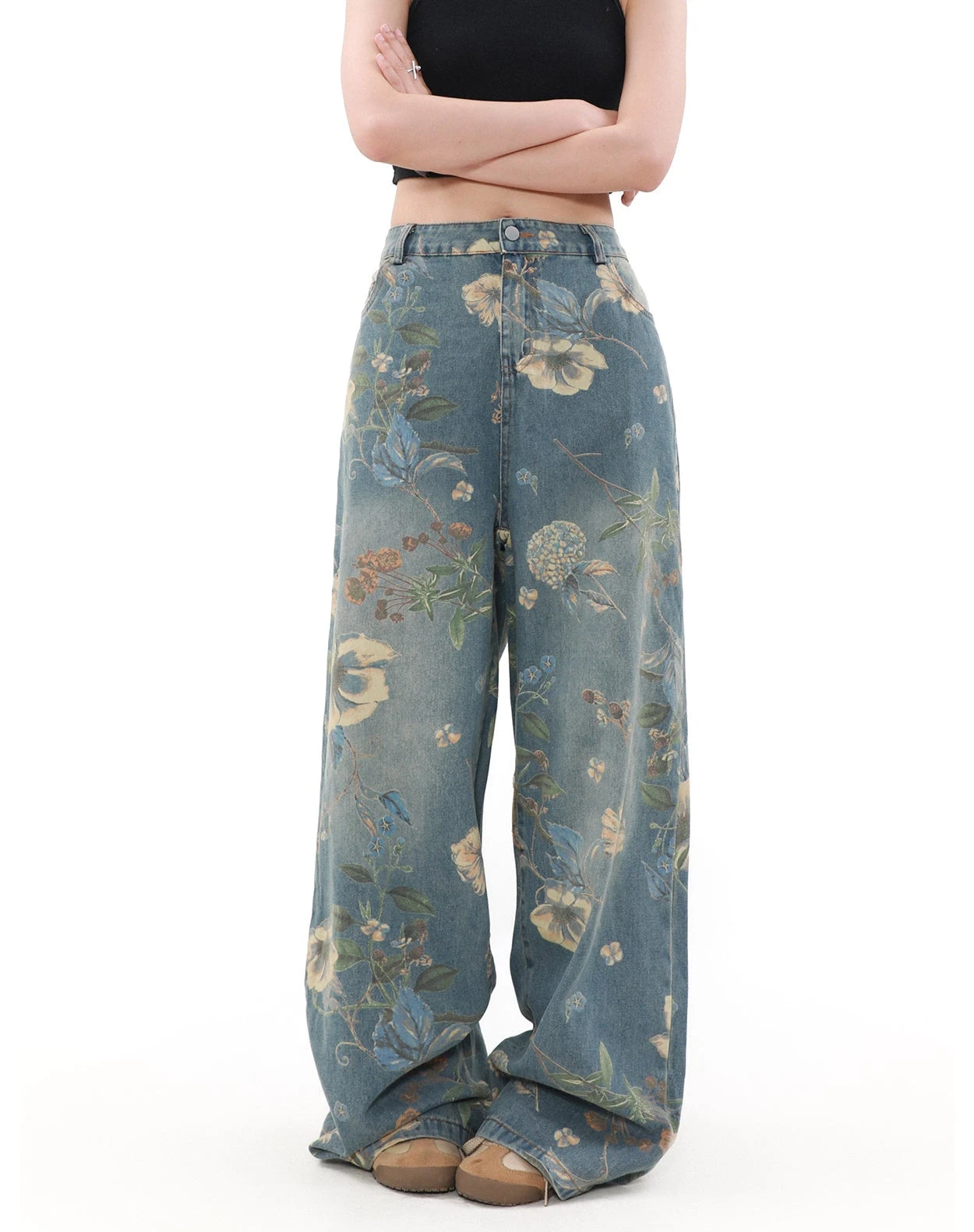 Wide Leg Floral Print Denim Pants 3 Wide Leg Floral Print Denim Pants - Image 3