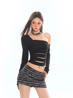 Asymmetric Sleeve Cutout Ruched Crop Top -Modern Wear Shop O1CN01hOElzE1iBnnv0bw3F 2201256844375