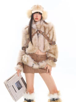 Faux Fur Trim Buckled Jacket And Mini Skirt With Belt Two Piece Set -Modern Wear Shop O1CN01iR2euc25KifGWALOC 1979797508