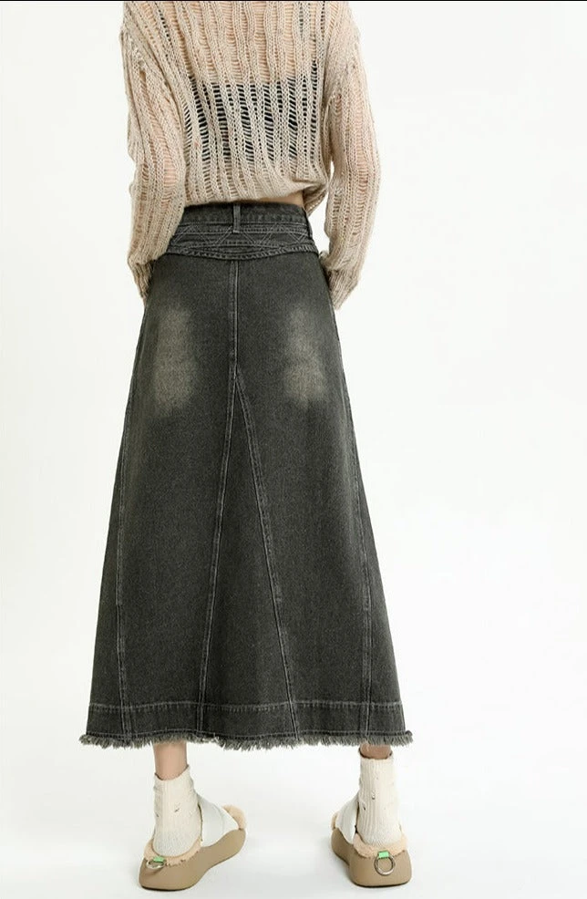Distressed Hem Faded Denim Midi Skirt 5 Distressed Hem Faded Denim Midi Skirt - Image 5