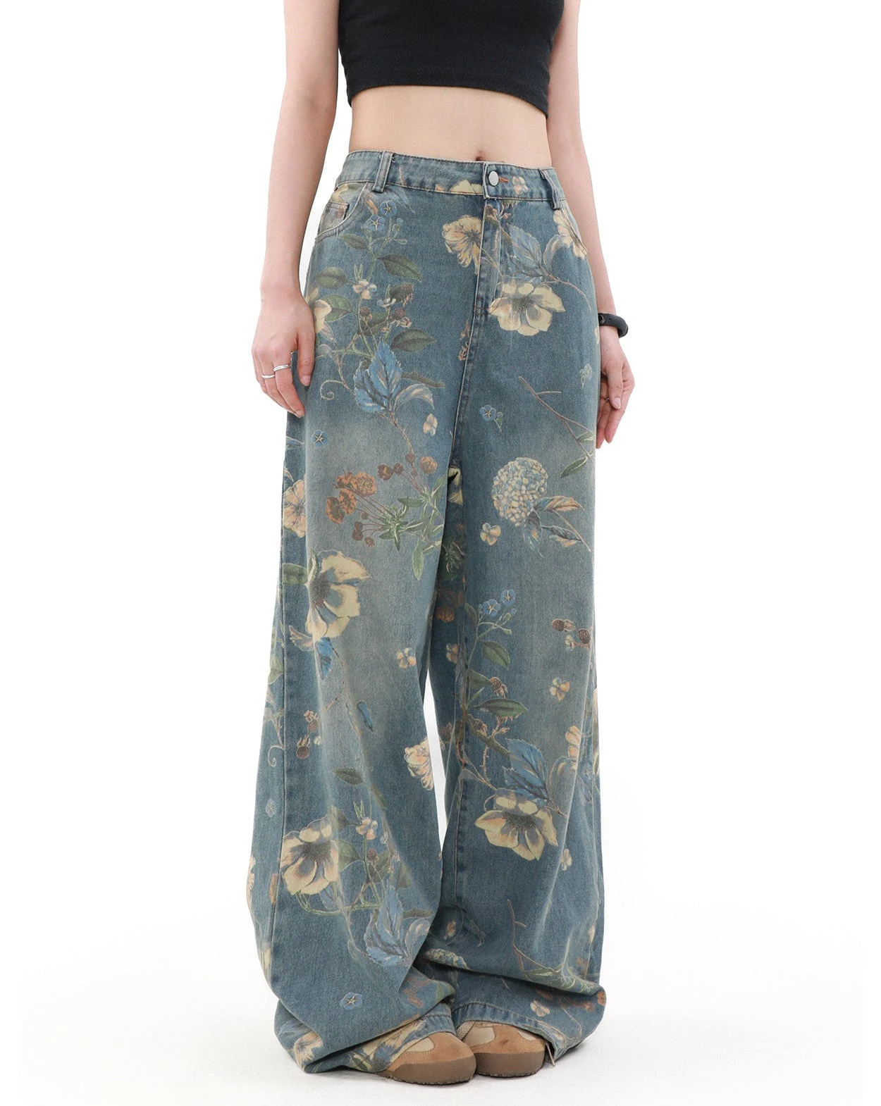 Wide Leg Floral Print Denim Pants 4 Wide Leg Floral Print Denim Pants - Image 4