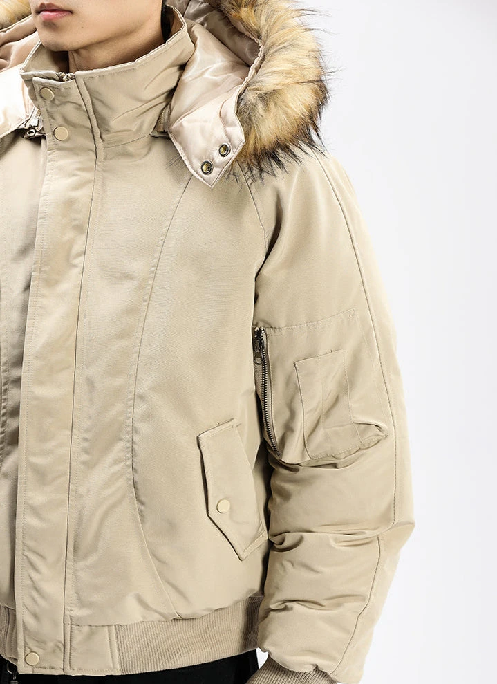 Removable Faux Fur Hoodie Bomber Jacket With Ribbed Hem 3 Removable Faux Fur Hoodie Bomber Jacket With Ribbed Hem - Image 3