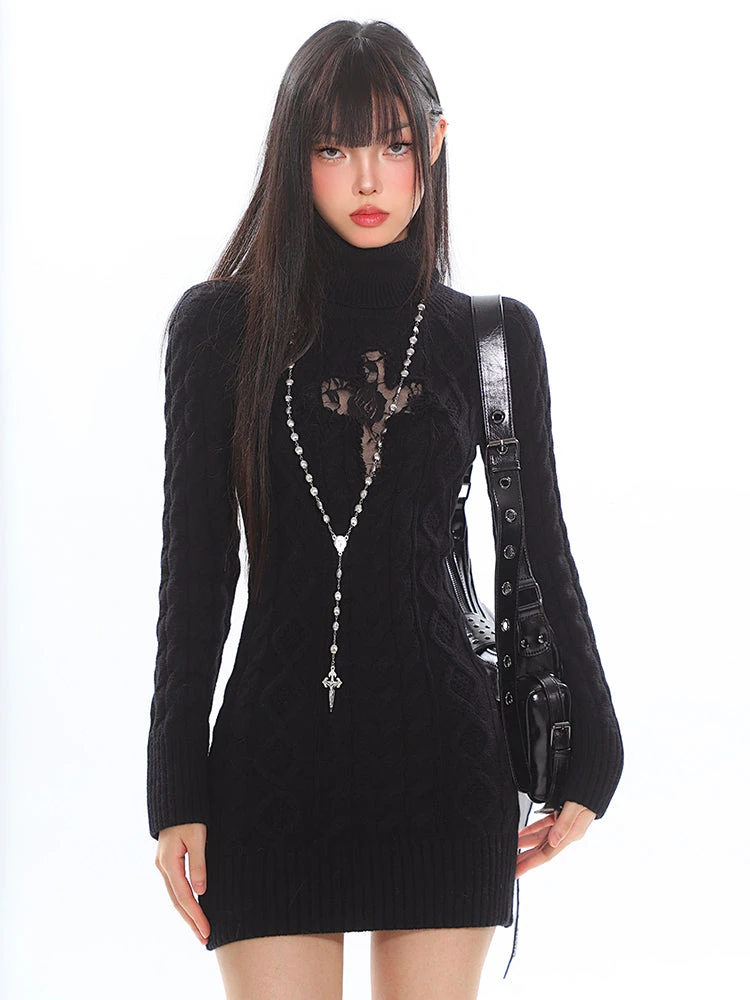 Cable Knit Turtleneck Dress With Cross Mesh Lace Detail 17 Cable Knit Turtleneck Dress With Cross Mesh Lace Detail - Image 17