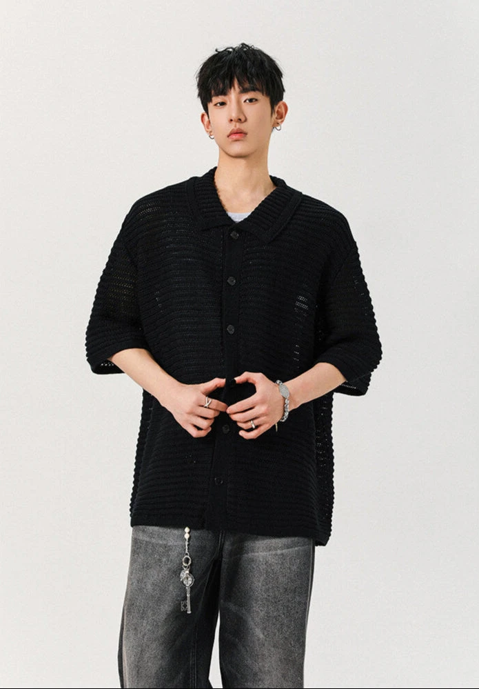 Sheer Open Knit Button-Up Short Sleeve Shirt 14 Sheer Open Knit Button-Up Short Sleeve Shirt - Image 14