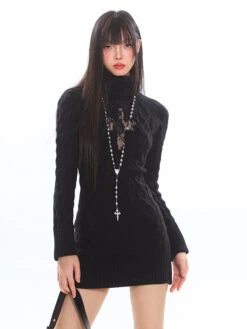 Cable Knit Turtleneck Dress With Cross Mesh Lace Detail 34 Cable Knit Turtleneck Dress With Cross Mesh Lace Detail -Modern Wear Shop O1CN01jKxPkR25KifRUMHRT 1979797508