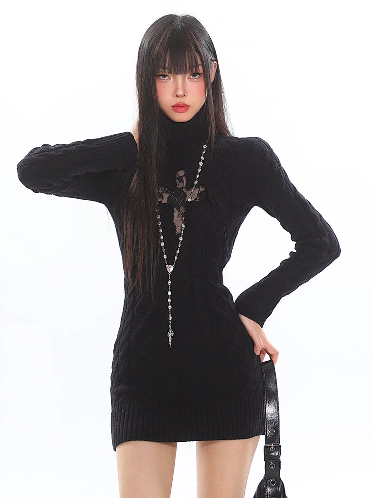Cable Knit Turtleneck Dress With Cross Mesh Lace Detail 16 Cable Knit Turtleneck Dress With Cross Mesh Lace Detail - Image 16