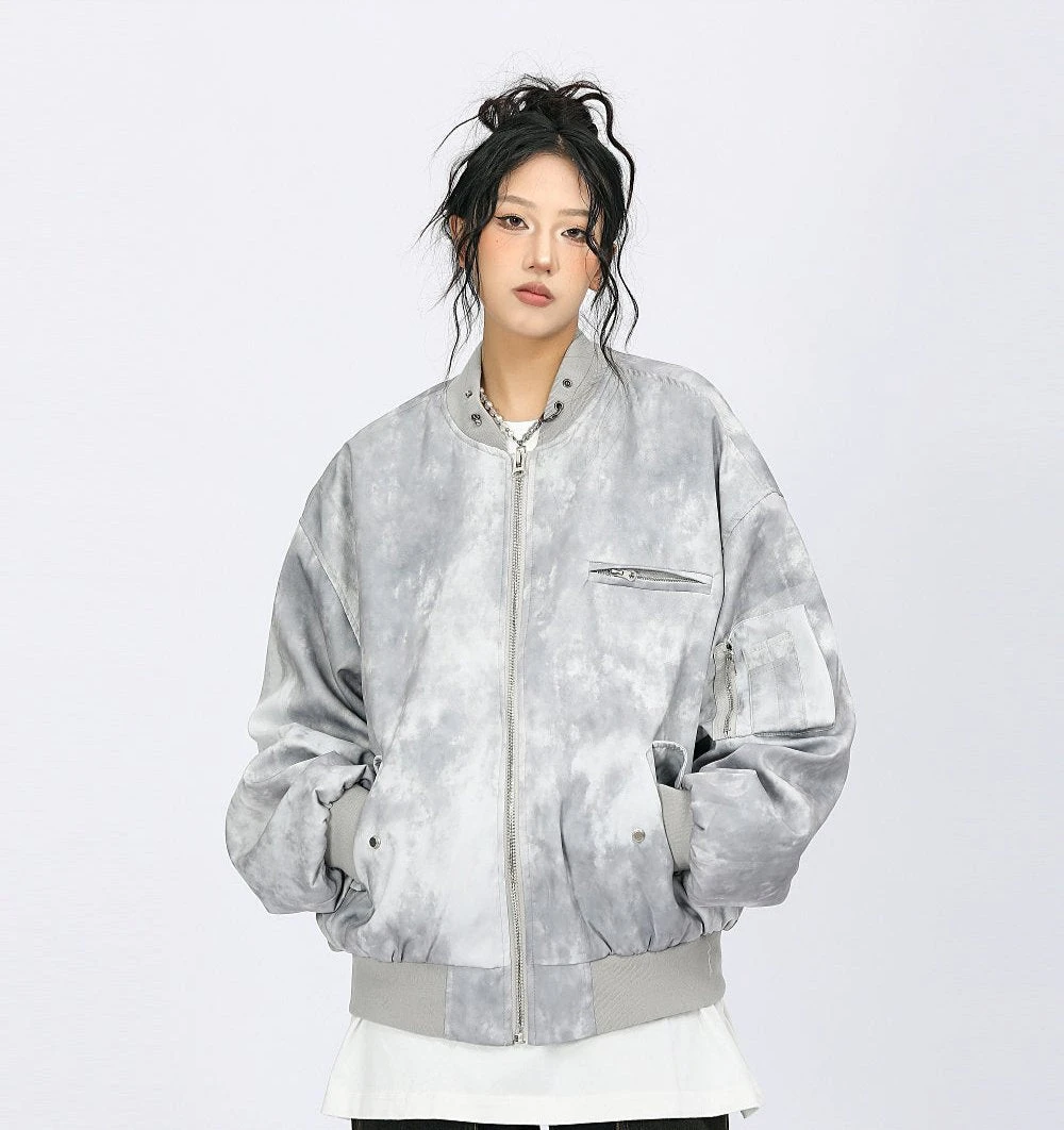 Oversized Acid Wash Bomber Jacket With Snap Button Pockets 2 Oversized Acid Wash Bomber Jacket With Snap Button Pockets - Image 2