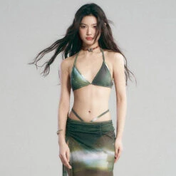 Metallic Halter Bikini Set With Matching Wrap Skirt