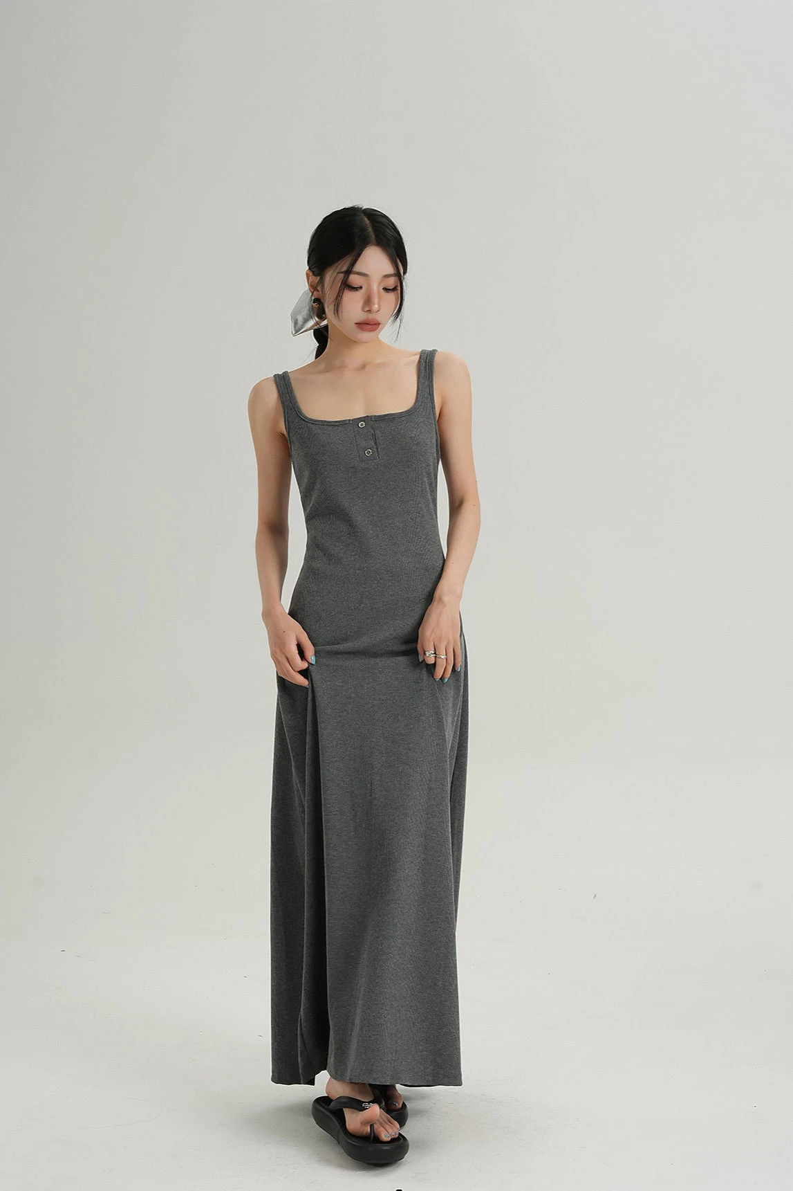 Sleeveless Square Neck Maxi Dress With Button Detail 3 Sleeveless Square Neck Maxi Dress With Button Detail - Image 3
