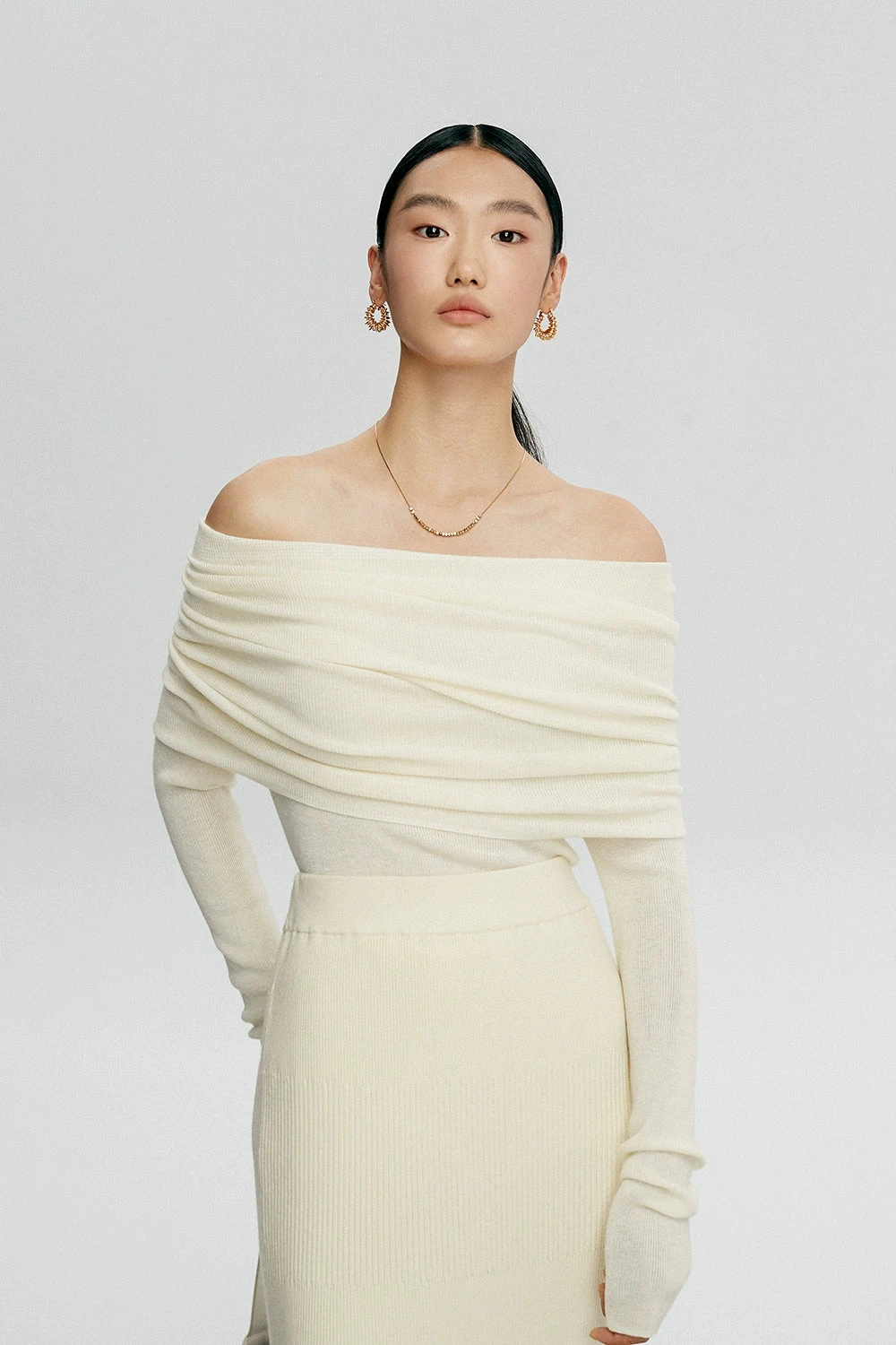 Off-Shoulder Ribbed Knit Long Sleeve Sweater Top 2 Off-Shoulder Ribbed Knit Long Sleeve Sweater Top - Image 2