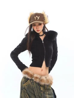 Faux Fur Hoodie Cable Knit Cropped Zip Jacket -Modern Wear Shop O1CN01noBbrh1iBnnhVyKmx 2201256844375