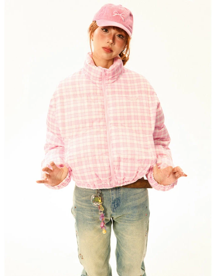 Plaid Quilted High Collar Mid Crop Puffer Jacket 12 Plaid Quilted High Collar Mid Crop Puffer Jacket - Image 12