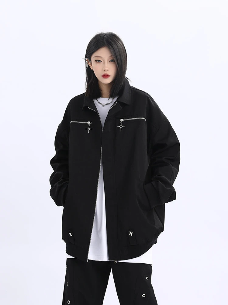 Double Star Pocket Zip Oversized Bomber Jacket 7 Double Star Pocket Zip Oversized Bomber Jacket - Image 7