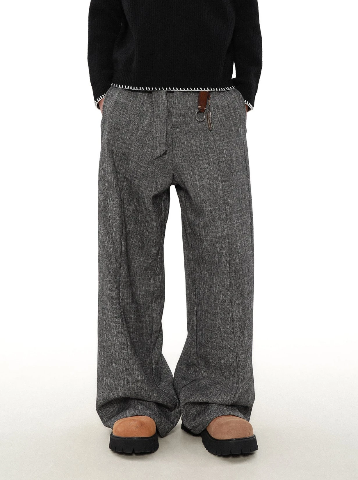 Wide Leg Textured Trousers With Strap Belt 2 Wide Leg Textured Trousers With Strap Belt - Image 2