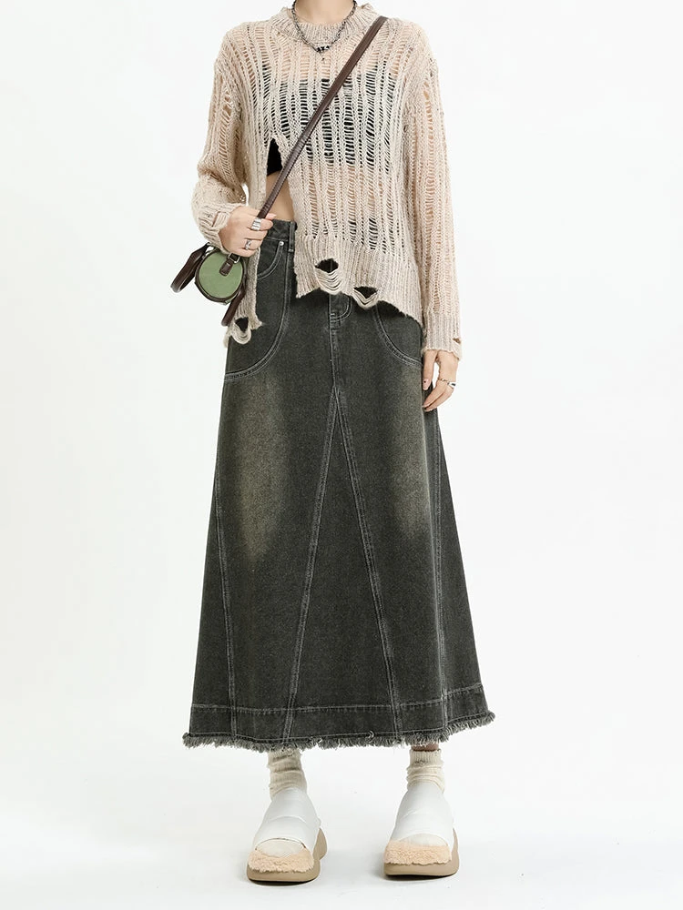 Distressed Hem Faded Denim Midi Skirt 3 Distressed Hem Faded Denim Midi Skirt - Image 3