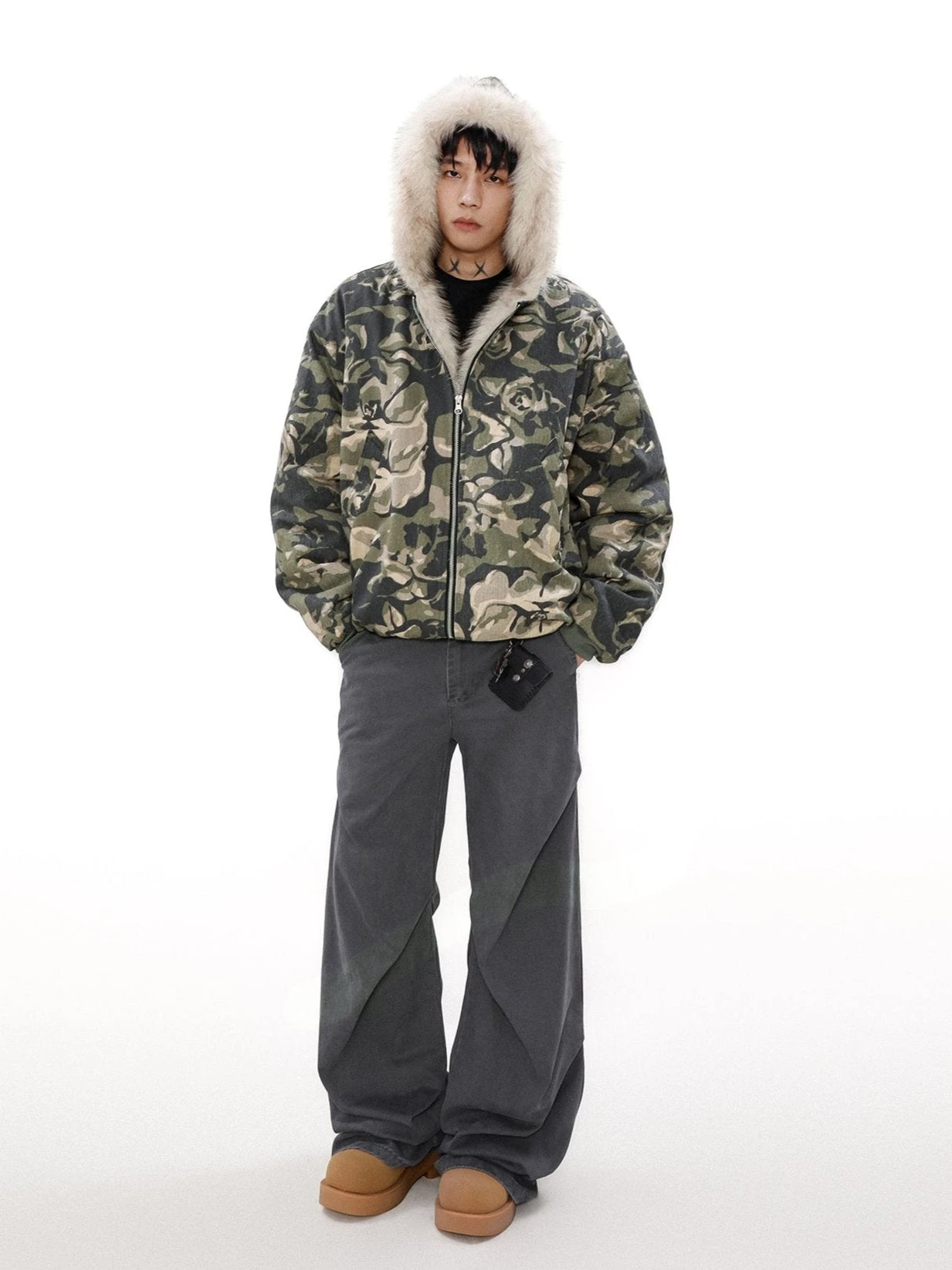 Faux Fur Line Camo Hooded Bomber Jacket 9 Faux Fur Line Camo Hooded Bomber Jacket - Image 9
