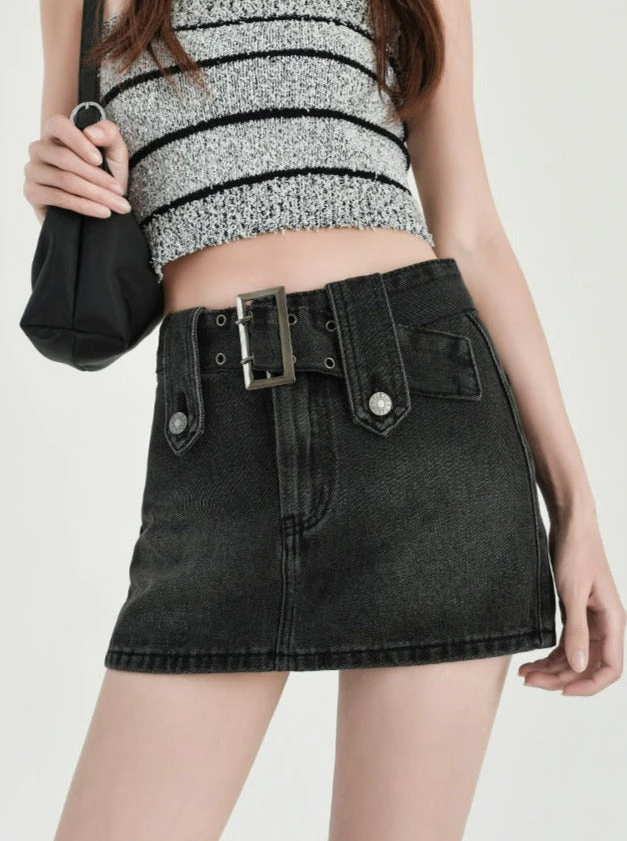 Faded Denim Skort Mini Skirt With Belt 6 Faded Denim Skort Mini Skirt With Belt - Image 6