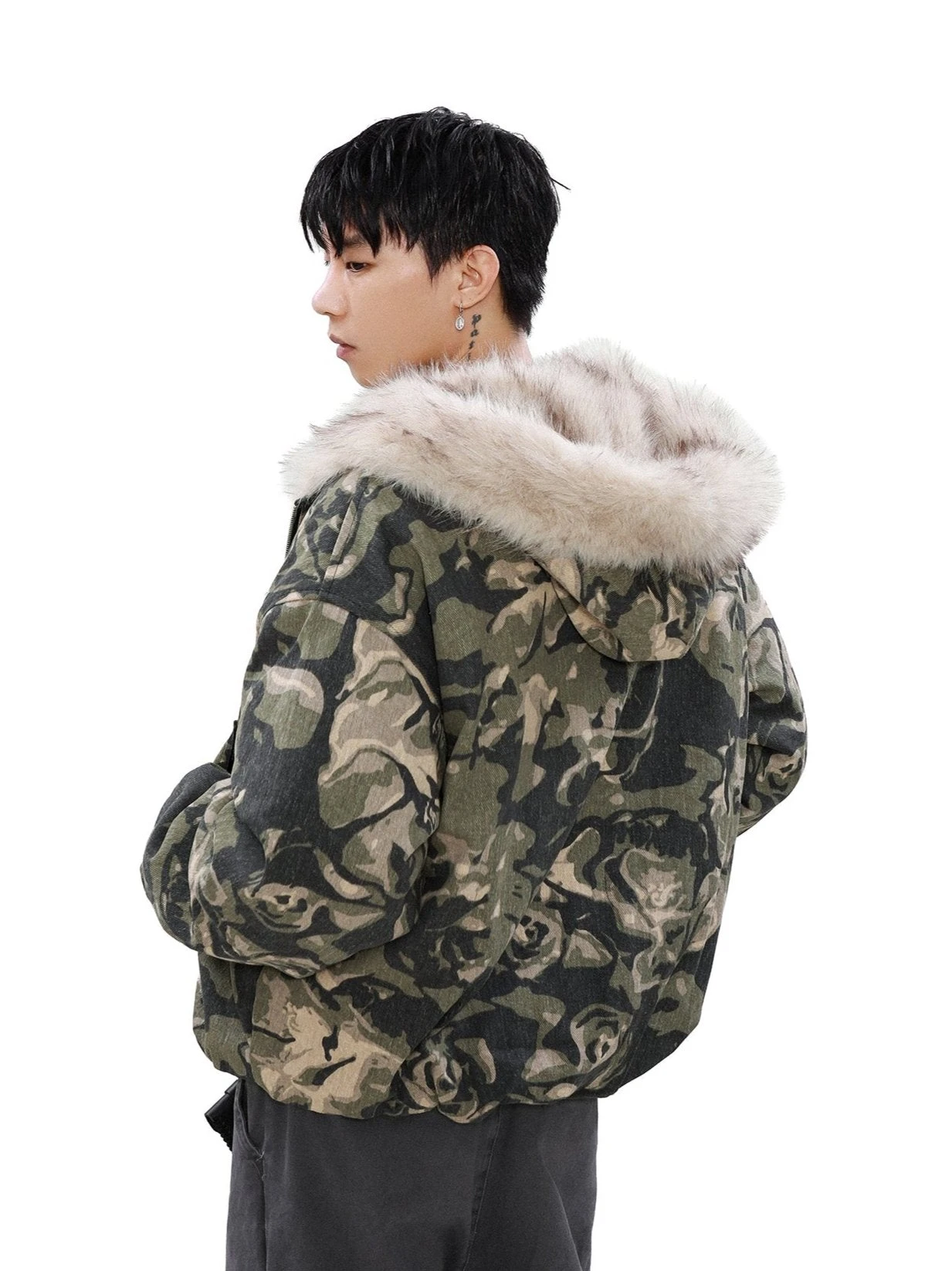 Faux Fur Line Camo Hooded Bomber Jacket 5 Faux Fur Line Camo Hooded Bomber Jacket - Image 5