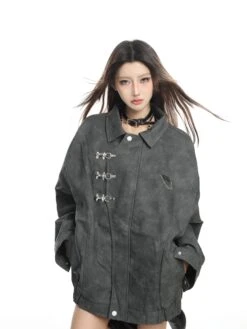 Oversized Faux Suede Zip Jacket With Fireman Buckle Detail