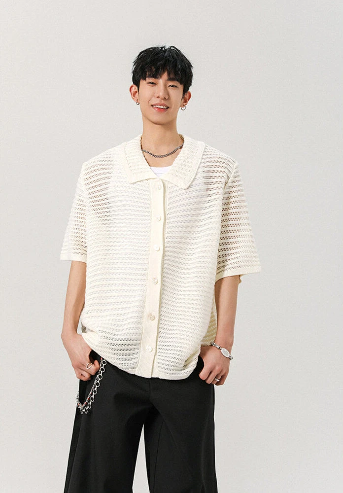 Sheer Open Knit Button-Up Short Sleeve Shirt 1 Sheer Open Knit Button-Up Short Sleeve Shirt