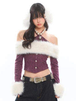 Halter Neck Faux Fur Trim Glitter Crop Top -Modern Wear Shop O1CN01rihh3o25Kig79IsT2 1979797508