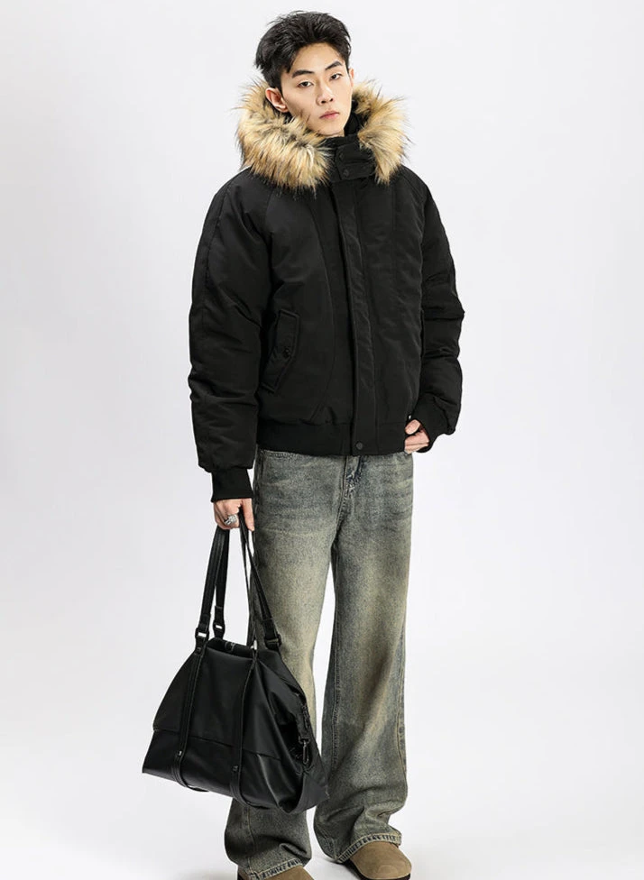 Removable Faux Fur Hoodie Bomber Jacket With Ribbed Hem 14 Removable Faux Fur Hoodie Bomber Jacket With Ribbed Hem - Image 14