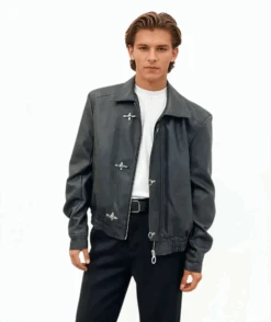 Fireman Clasp-Buckle Faux Leather Collared Jacket