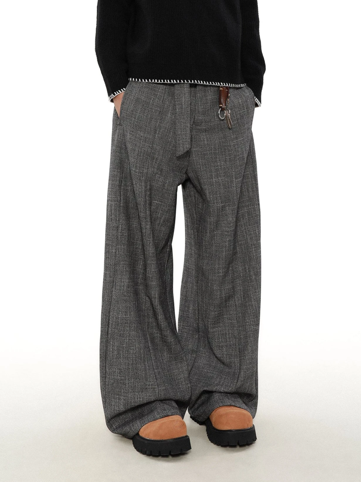 Wide Leg Textured Trousers With Strap Belt 4 Wide Leg Textured Trousers With Strap Belt - Image 4