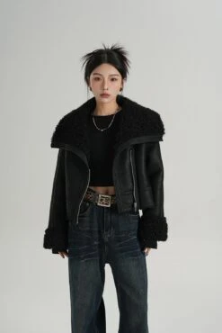Faux Leather Shearling Lined Oversized Biker Jacket