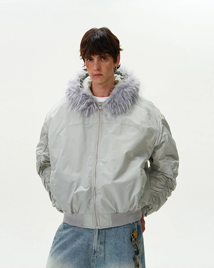 Ruched Sleeve Faux Fur Hooded Bomber Jacket 2 Ruched Sleeve Faux Fur Hooded Bomber Jacket - Image 2