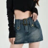 Faded Denim Skort Mini Skirt With Belt